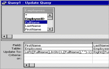 Expression in the Update To cell of an update query that fills FirstName with correct data from FullName