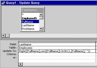 Expression in the Update To cell of an update query that fills LastName with correct data from FullName